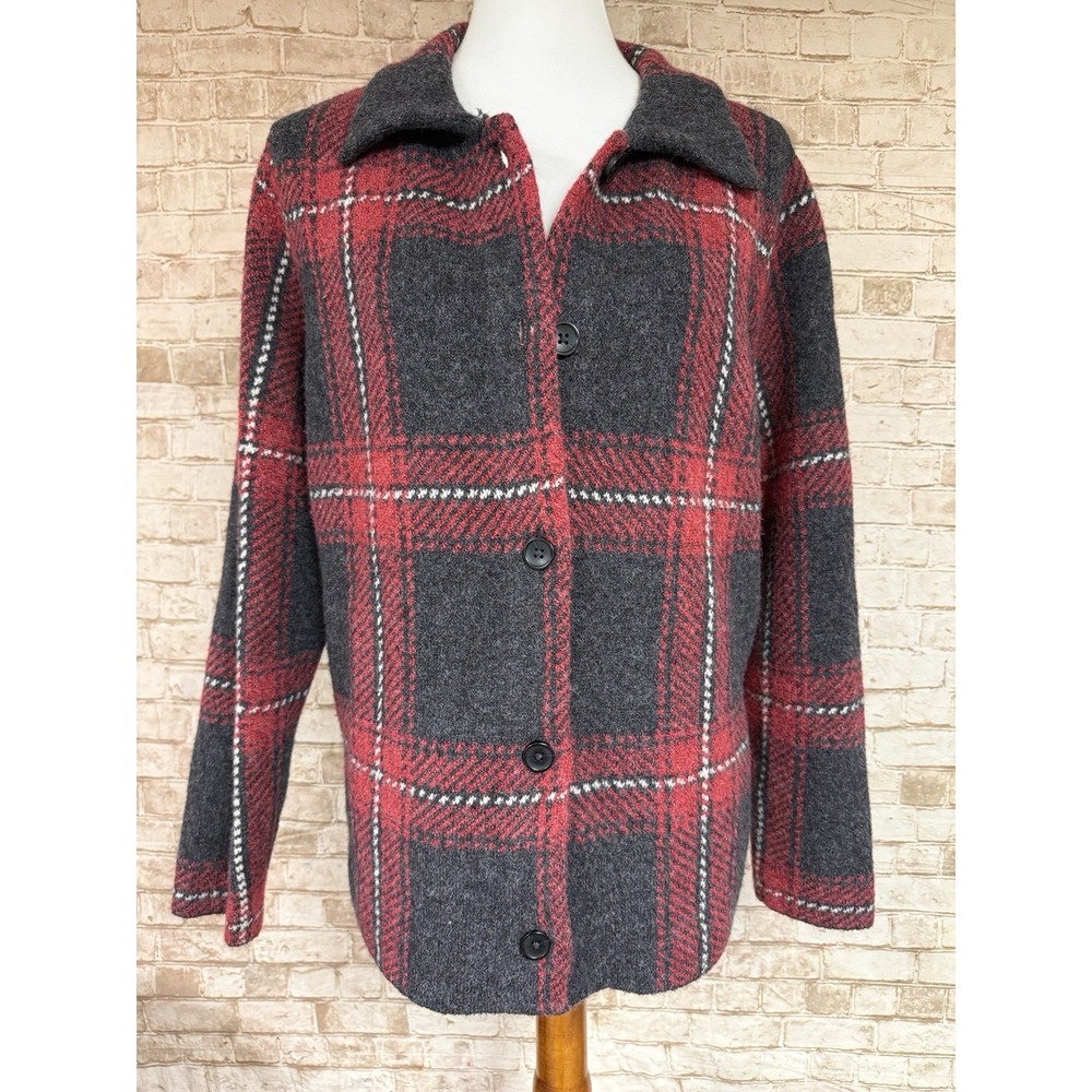 J Jill Coat M Red Black Plaid Wool Blend Button Front Jacket Shacket Sweater